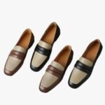 Mocassins bicolores à talon carré en cuir véritable pour femme
