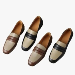 Mocassins bicolores à talon carré en cuir véritable pour femme