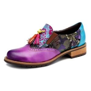 Mocassins style vintage à glands et motifs colorés en cuir pour femme