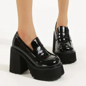 Mocassins à talons à semelle épaisse noire pour femmes