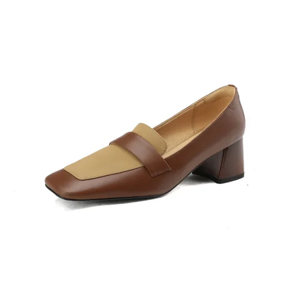 Mocassins bicolores à talon carré en cuir véritable pour femme – Image 8