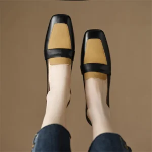 Mocassins bicolores à talon carré en cuir véritable pour femme