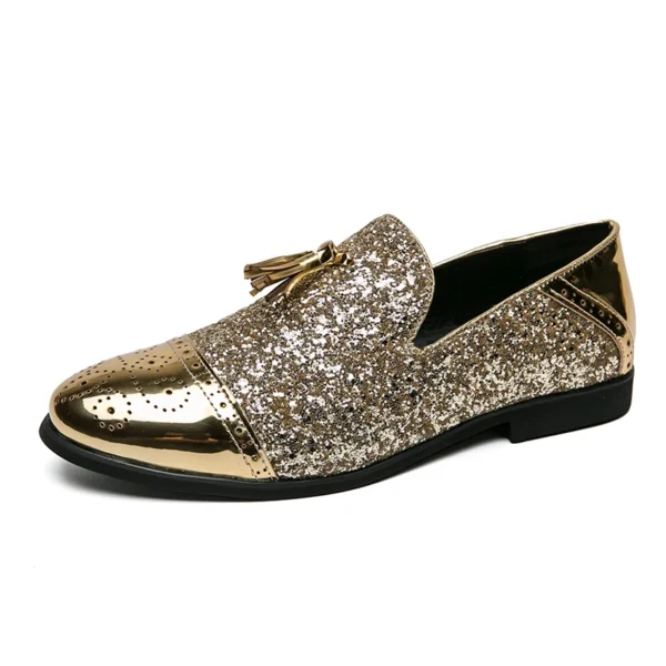 Mocassins de soirée dorés vernis et pailletés – Image 6