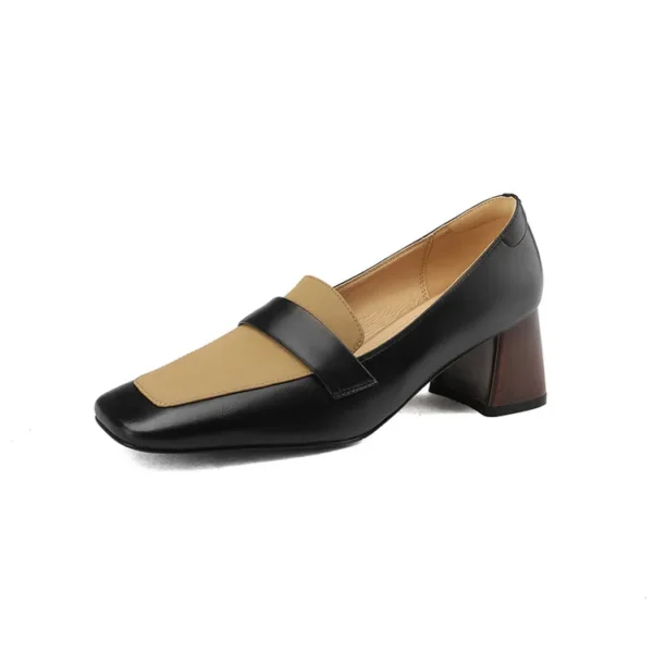 Mocassins bicolores à talon carré en cuir véritable pour femme – Image 7