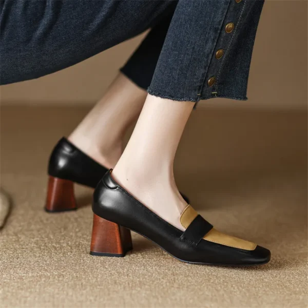 Mocassins bicolores à talon carré en cuir véritable pour femme – Image 3
