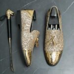 Mocassins de soirée dorés vernis et pailletés