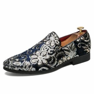 Mocassins effet velours brillant avec broderie fleurie et sequins